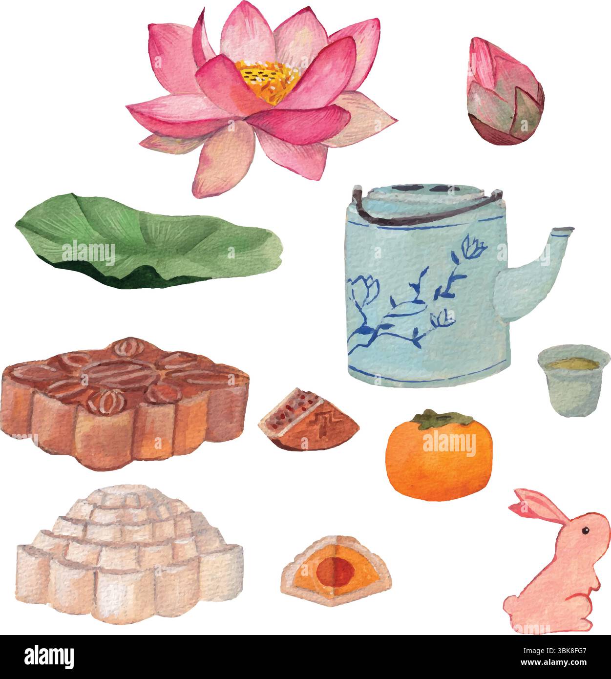 Elementi asiatici per il festival degli acquerelli di metà autunno. Cultura vietnamita, cinese e coreana: Torte lunari, tè e tazza, fiori di loto, simpatico coniglio. Illustrazione Vettoriale