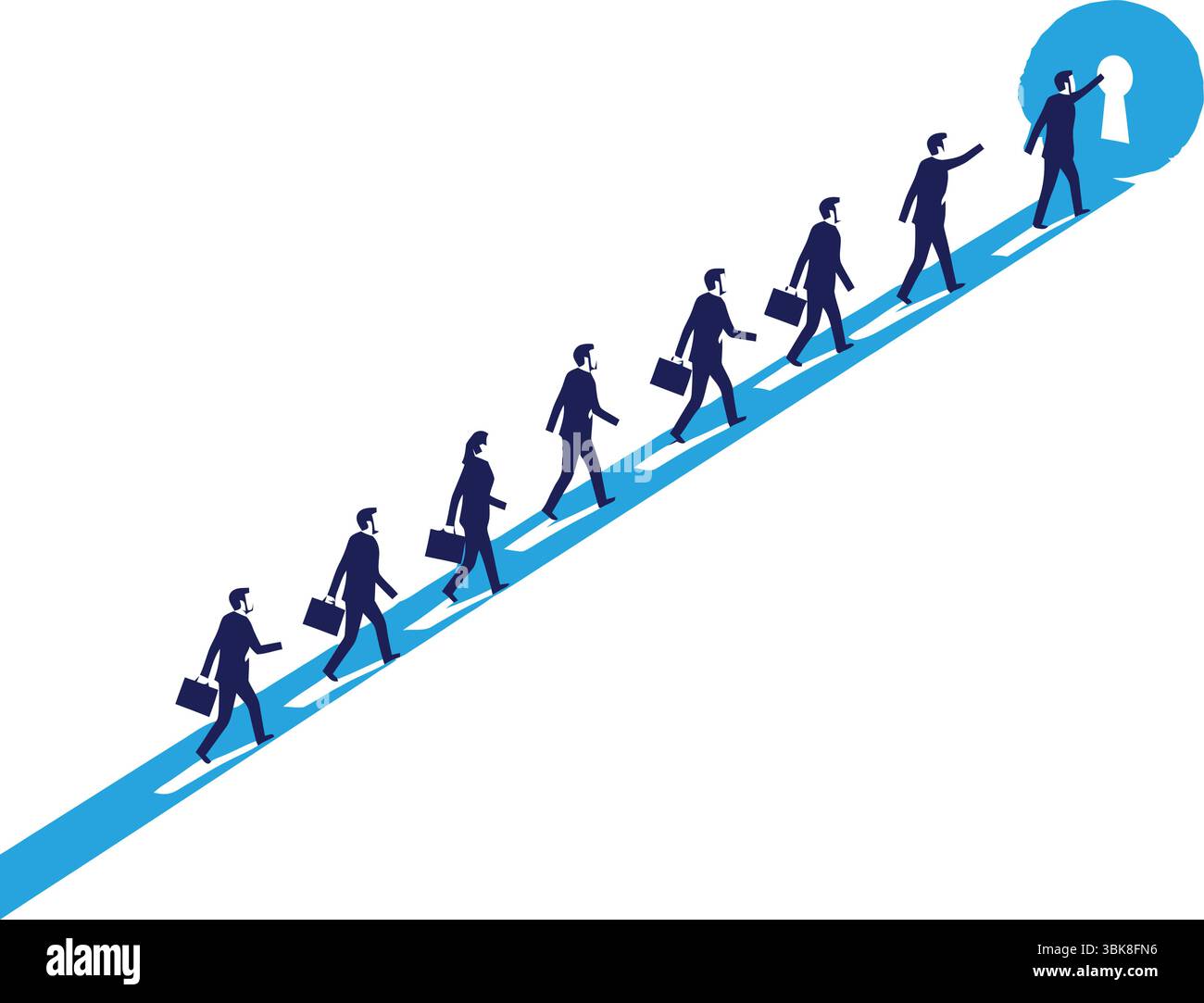 Un gruppo di uomini d'affari che camminano in fila lungo un percorso verso l'alto verso un buco chiave, che rappresenta un'opportunità di business, una crescita professionale o una soluzione. T Illustrazione Vettoriale