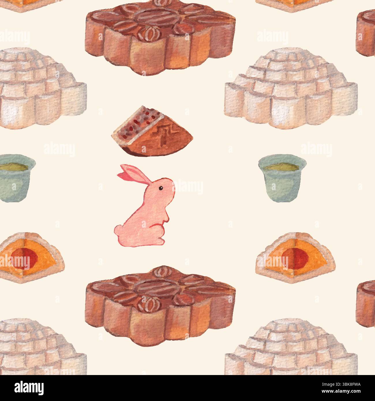 Festa di metà autunno, motivo senza cuciture. Tipi di torte di luna, fette di dessert, coniglio lunare, elementi acquerelli da tè. Sfondo beige. Carino traditi Illustrazione Vettoriale