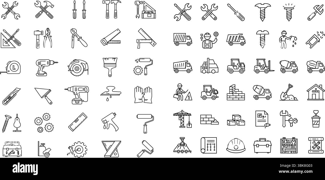 Set di icone per il settore edile. Un'ampia collezione di icone vettoriali di line art che rappresentano strumenti, macchinari e materiali Illustrazione Vettoriale