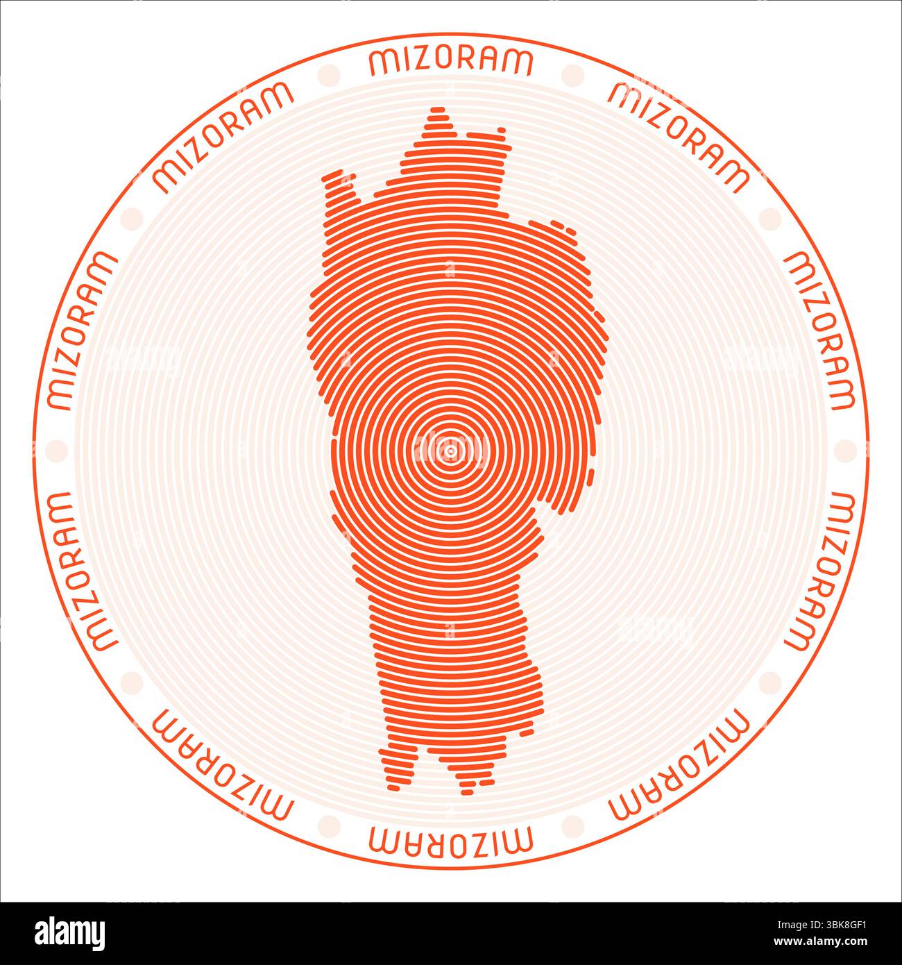 Logo rotondo Mizoram. Forma a stato costruita con anelli. Messaggio Mizoram intorno allo stato. Illustrazione vettoriale. Illustrazione Vettoriale