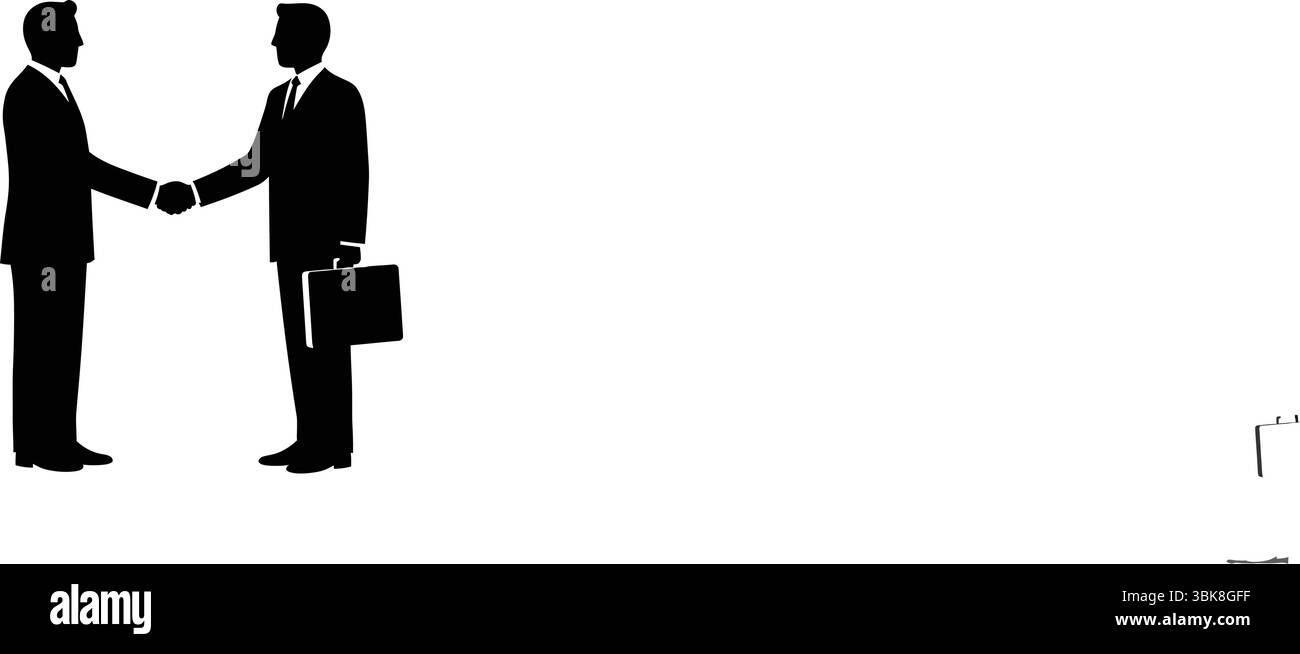Silhouette di due uomini d'affari che stringono la mano. Illustrazione vettoriale di un accordo commerciale, di un accordo o di una partnership. Illustrazione Vettoriale