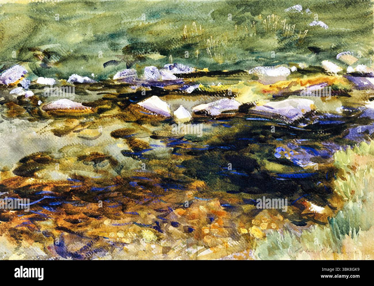 Brook and Meadow di John Singer Sargent - CA. 1907 Acquerello paesaggio di ruscelli e praterie, pubblico dominio Belle Arti, alta risoluzione scena naturale Foto Stock