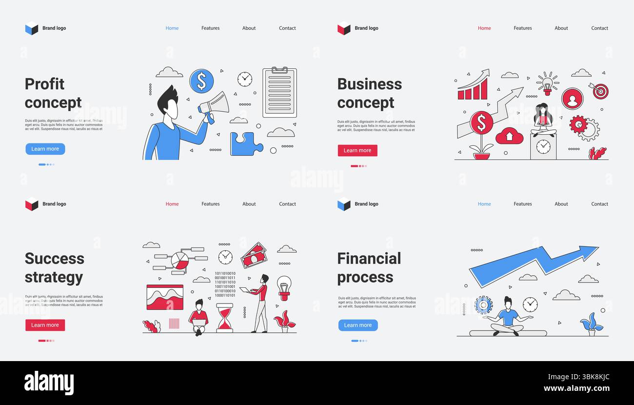 Questo set di illustrazioni vettoriali presenta vari concetti aziendali, tra cui analisi dei profitti, strategie di successo, processi finanziari e metriche di crescita che aiutano a prendere decisioni Illustrazione Vettoriale