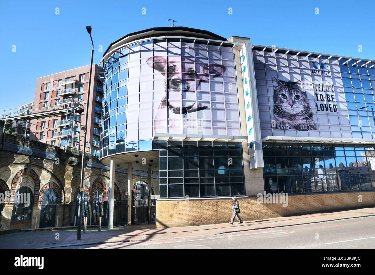 Esterno ed entrata di Battersea Dogs and Cats Home, Nine Elms, Londra, Inghilterra, Regno Unito. centro di salvataggio degli animali, benessere degli animali, rifugio per animali Foto Stock