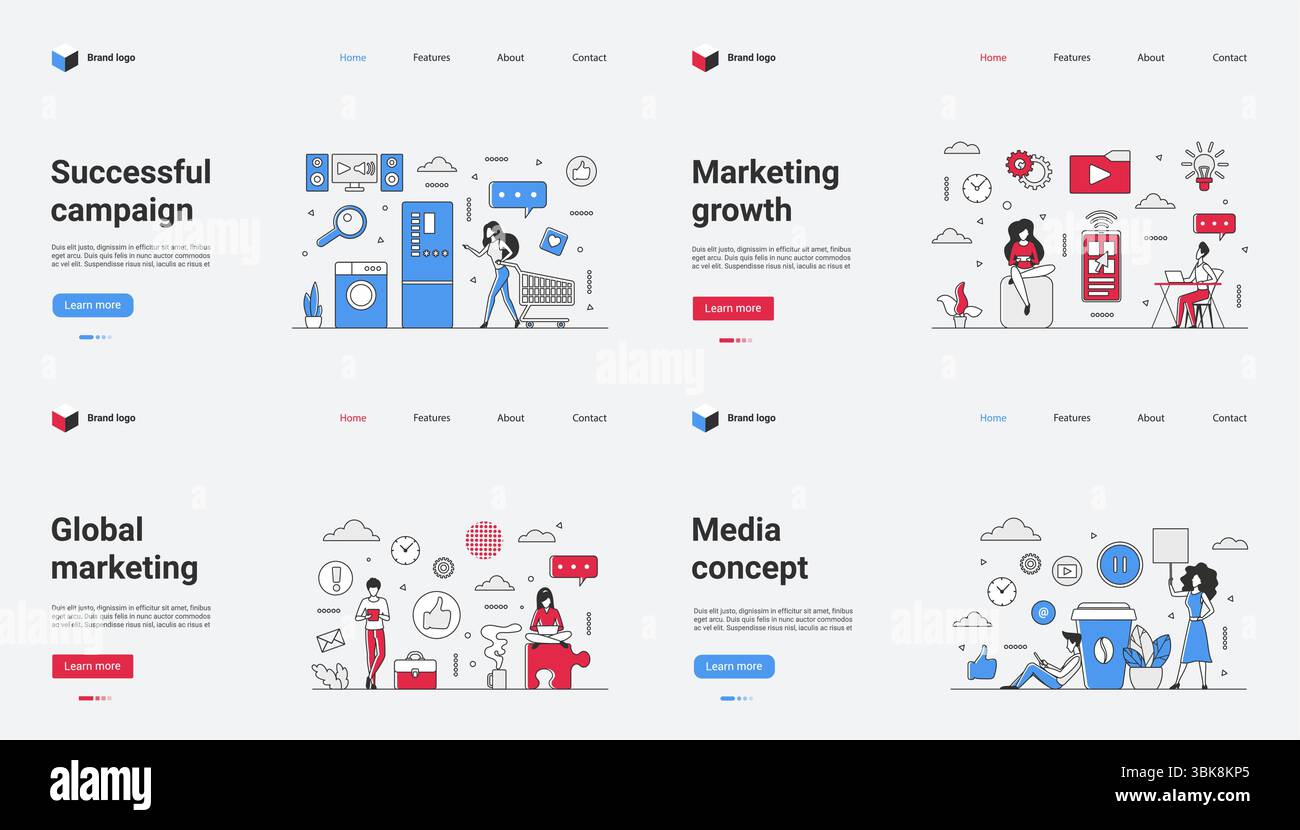 Questo set di illustrazioni vettoriali presenta diversi temi di marketing, tra cui campagne pubblicitarie di successo, strategie di crescita innovative, concetti aziendali globali e idee multimediali creative Illustrazione Vettoriale