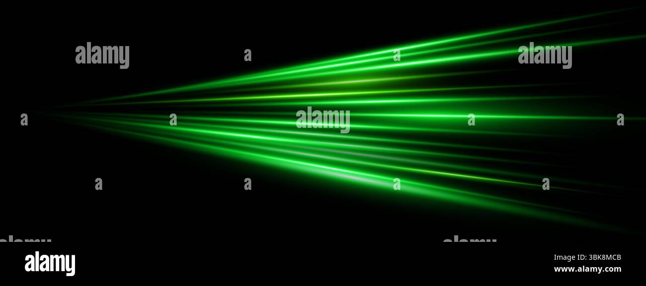 La velocità del laser verde è esplosa con linee al neon brillanti e fasci di energia radiali su sfondo dark tech. Effetto esplosivo digitale ad alta potenza per le poste da concerto Illustrazione Vettoriale