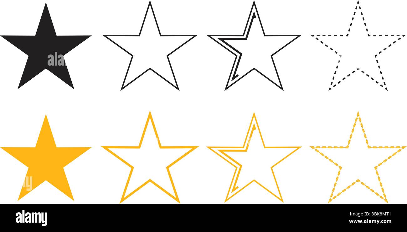 Set di icone a stella in nero e giallo con contorni e stili diversi. Ideale per valutazioni, revisioni, progettazione dell'interfaccia utente e sistemi di feedback. Illustrazione Vettoriale