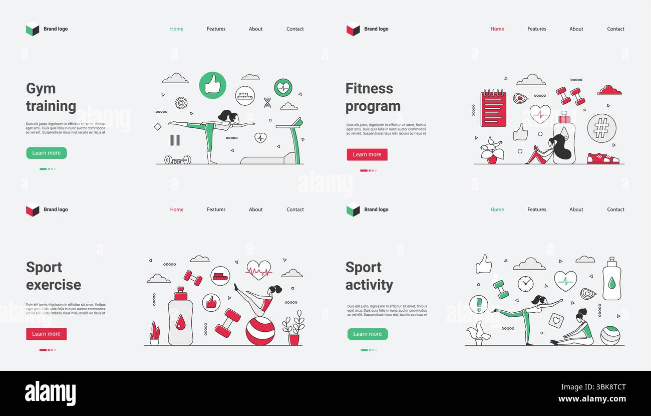 Questo programma di fitness offre diverse attività di ginnastica, esercizi sportivi e icone vibranti per uno stile di vita sano. Scopri illustrazioni dinamiche e design vettoriali di alta qualità per siti Web di fitness Illustrazione Vettoriale