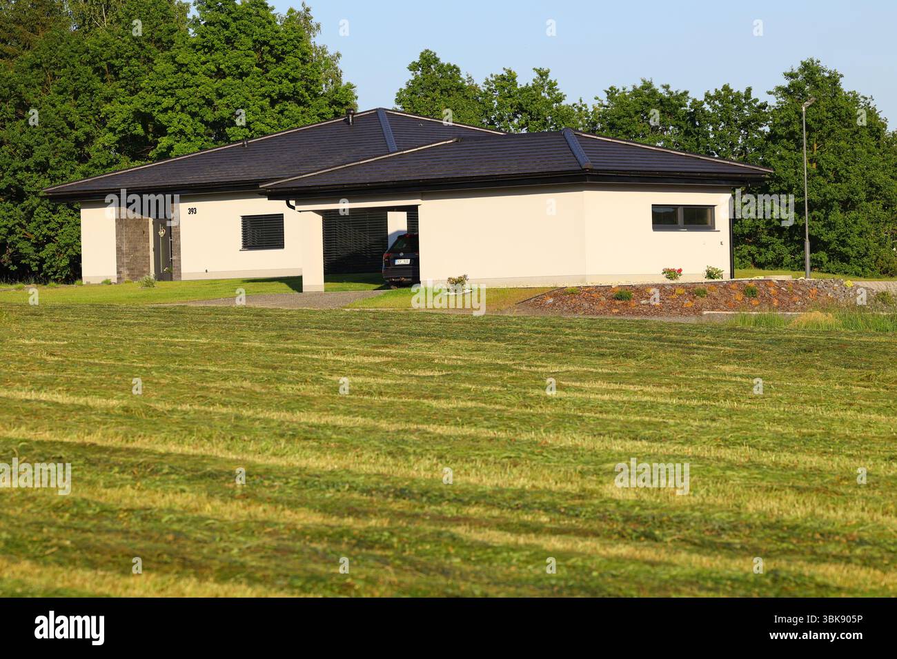 bungalow, casa moderna, casa di famiglia, un piano, auto, vialetto, nuova costruzione, architettura, immobili, casa esterna, residenziale, facciata, periferico, Foto Stock