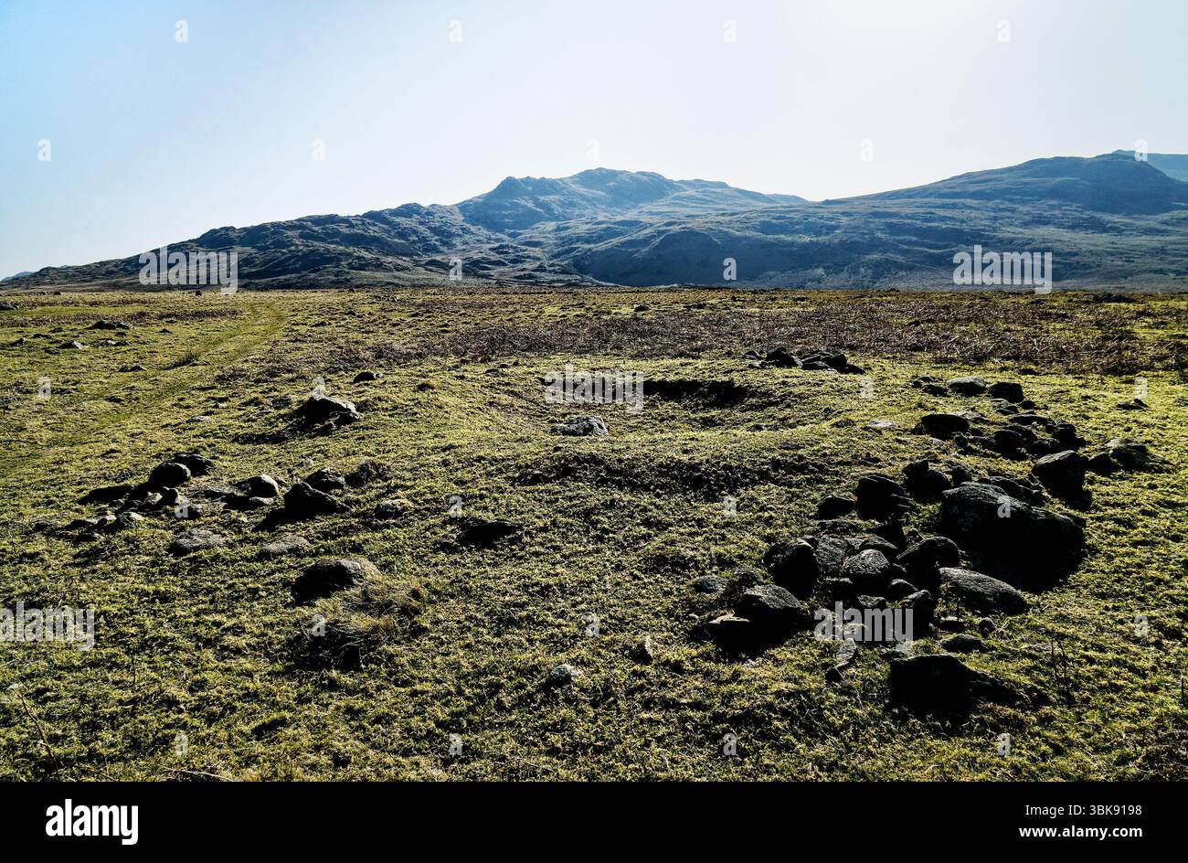 Parte di cairnfields preistorici del Neolitico e dell'età del bronzo di Barnscar, cerchi di capanne, piste e campi di coltivazione. Birkby Fell, Cumbria. Vista su E. Foto Stock