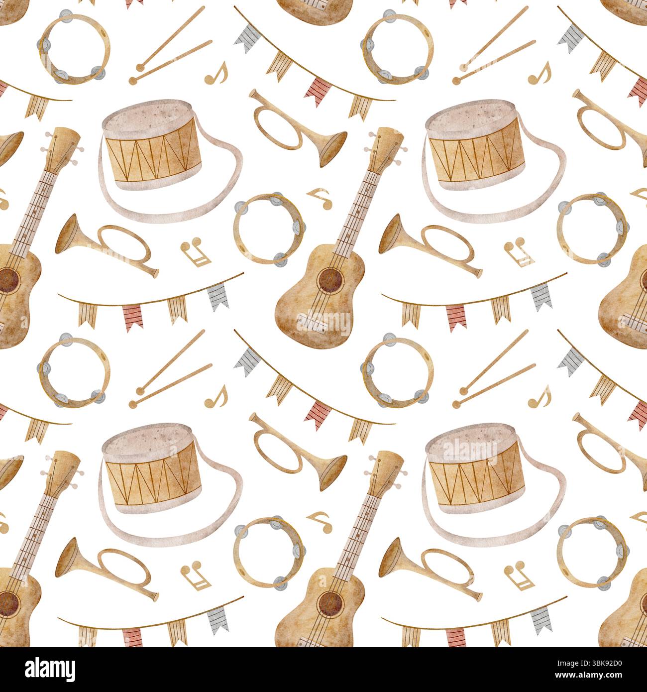 Strumenti musicali motivo acquerello, chitarra, batteria, tromba, note. Illustrazione disegnata a mano. Stampa senza cuciture in stile per bambini su un design di sfondo Foto Stock