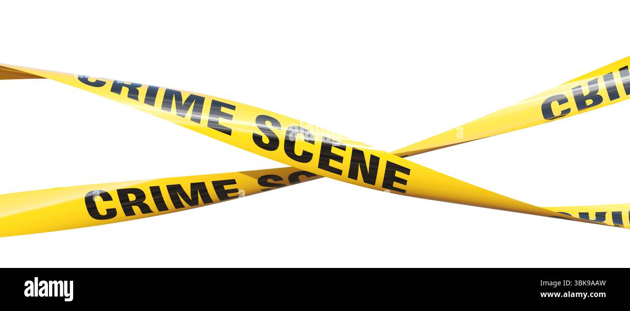 Nastro giallo per scena del crimine che isola lo sfondo trasparente 3d. Foto Stock