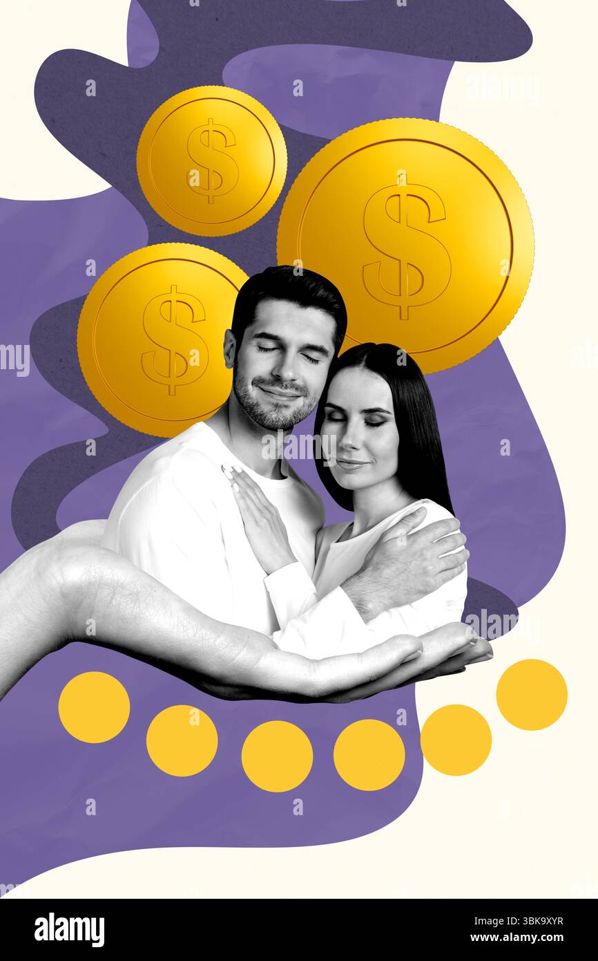 Modello di schizzo di tendenza del collage di foto 3D grafica di famiglia Hand Hold giovane donna uomo abbraccia monete dollari ricchi guadagni risparmio banca commerciale Foto Stock