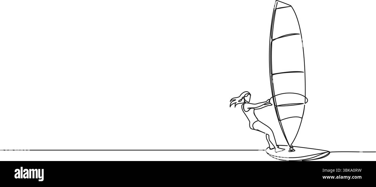 disegno continuo a linea singola di una donna che fa windsurf, illustrazione vettoriale di line art Illustrazione Vettoriale