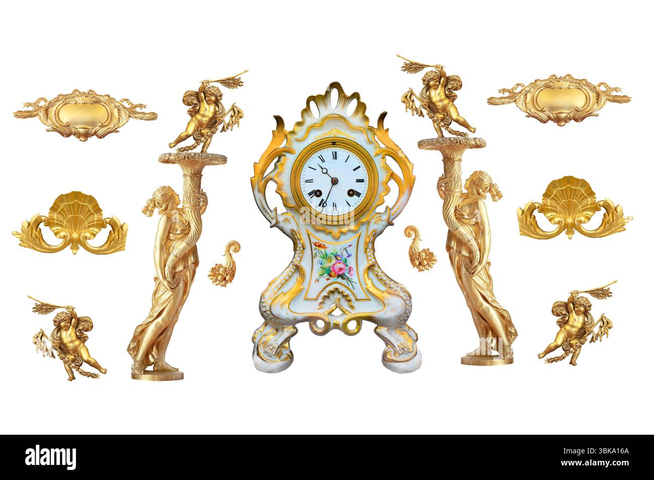 Dettagli dorati al castello di Versailles. Francia. isolato su sfondo bianco Foto Stock