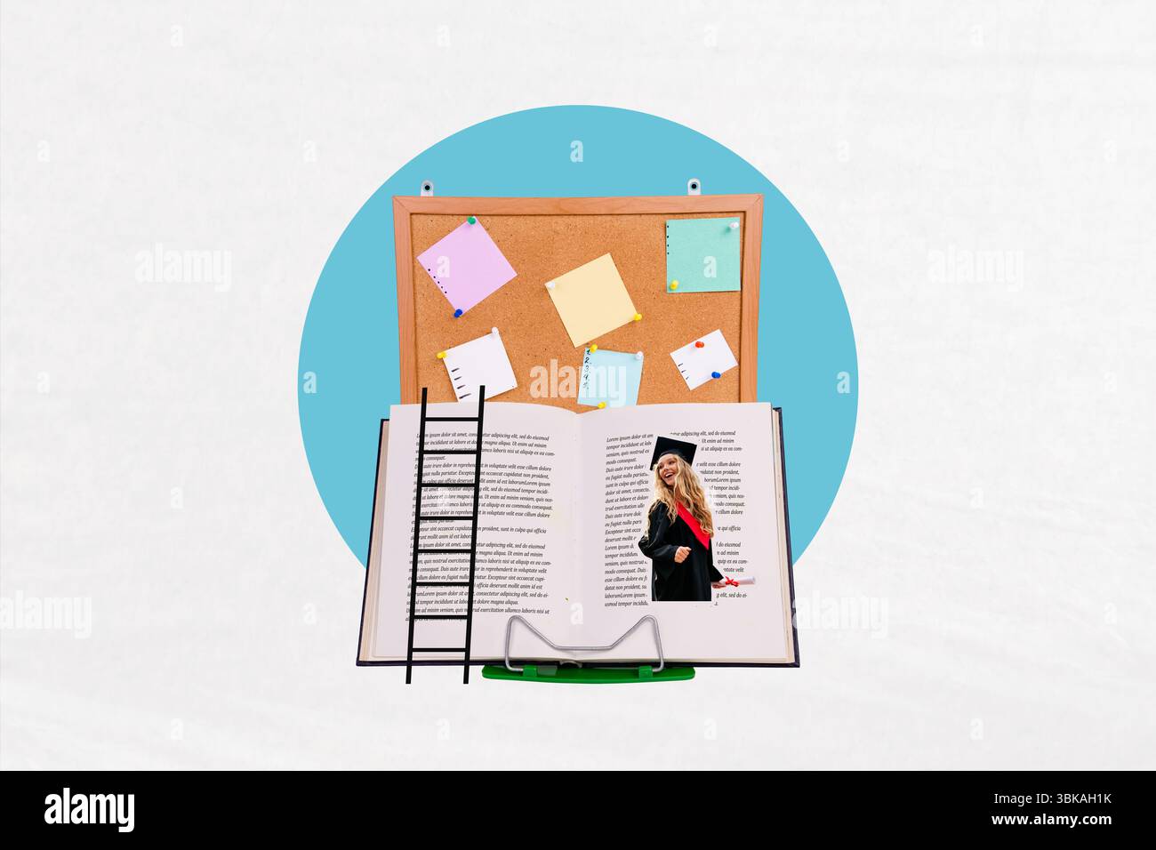 Grafica di tendenza montaggio di schizzi collage 3D di pagina di libro aperto giovane signora sorriso scala adesivo autunno stagione accademica conoscenza di successo Foto Stock
