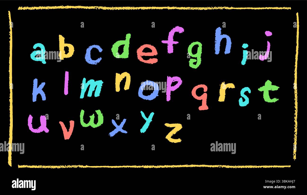 Colorato alfabeto inglese disegnato a mano in un pastello. Lettere a colori minuscole in stile gesso, pastello o cera. Effetto evidenziatore sulla lavagna per Illustrazione Vettoriale