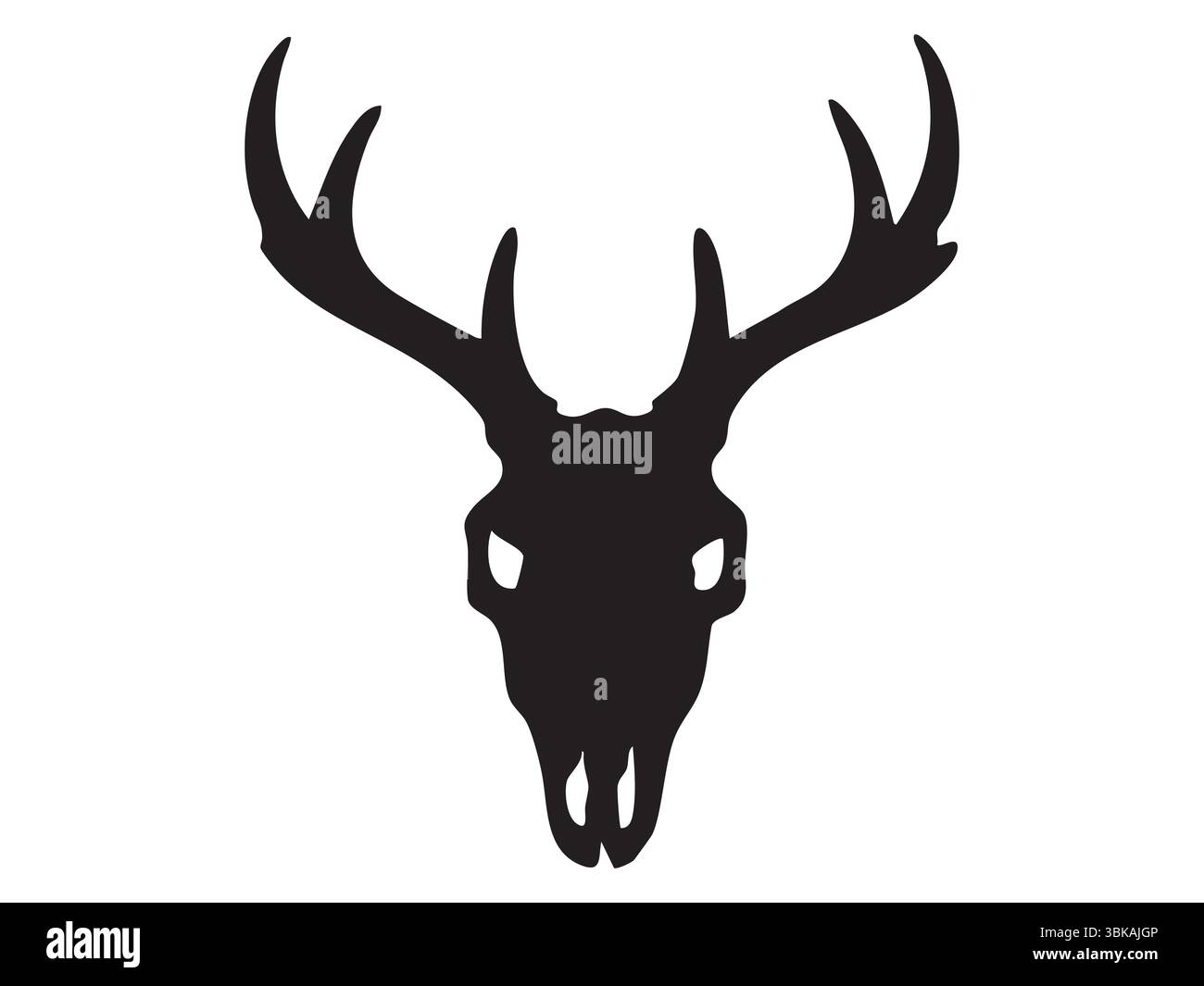 Silhouette nera del cranio di cervo con grandi corna ramificate, isolata su sfondo bianco, illustrazione grafica. Concetto di scheletro animale selvatico, alce Illustrazione Vettoriale