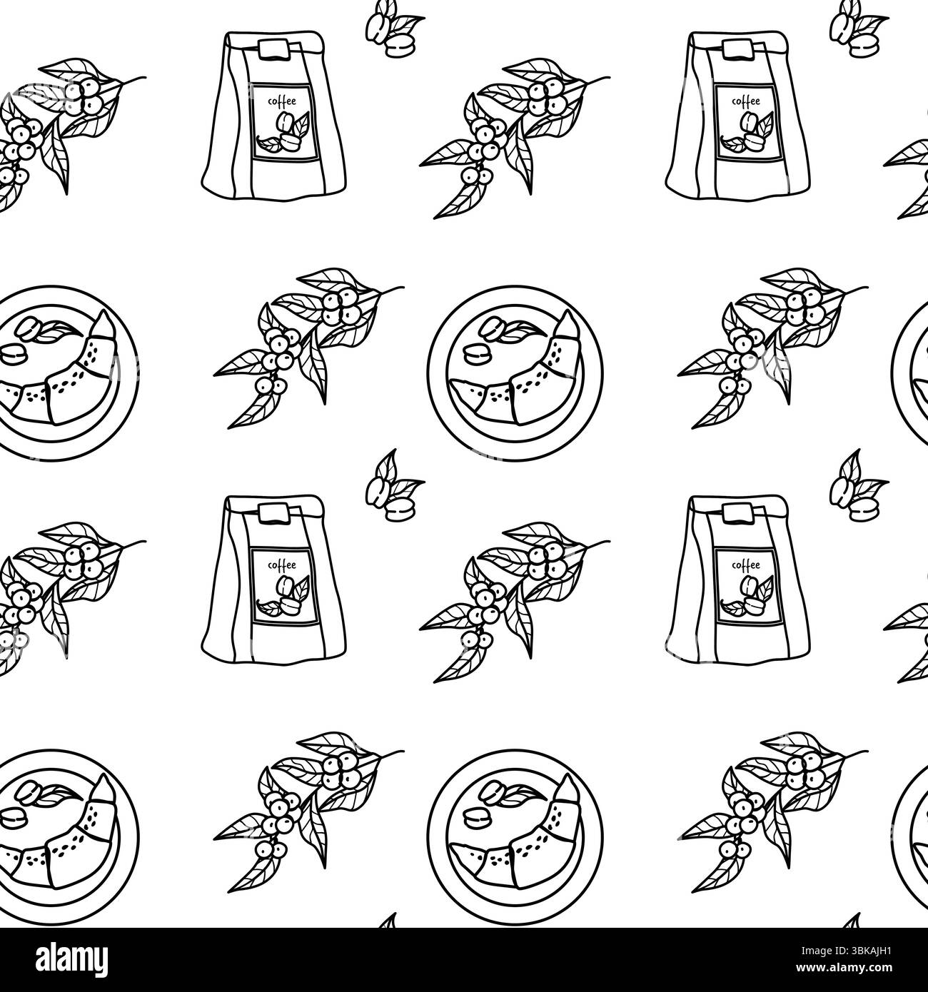 Design a motivi di caffè con chicchi e tazze per stampa e uso tessile. Illustrazione Vettoriale