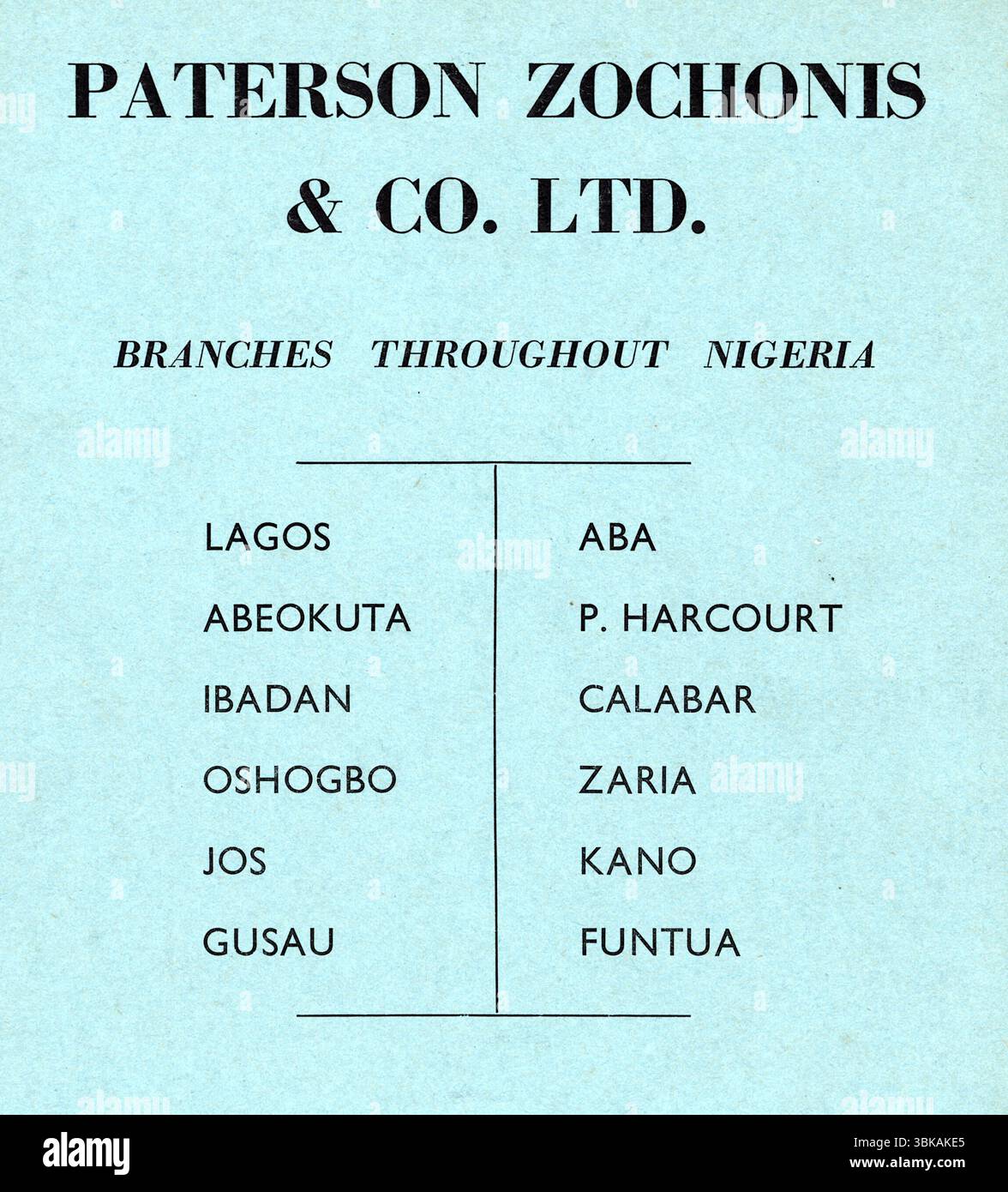 Pubblicità con un elenco delle filiali in tutta la Nigeria di Paterson Zochonis & Co Ltd, un importante produttore di beni di consumo. Da un esempio stampato pubblicato presso il quartier generale della polizia nigeriana a Lagos, in Nigeria Police Magazine, 1948-1950. Foto Stock