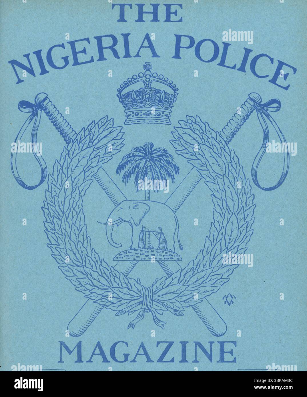 Prima pagina con il logo della polizia nigeriana che presenta tronchi incrociati, un elefante, una palma, una corona verde e una corona. Da un esempio stampato pubblicato presso il quartier generale della polizia nigeriana a Lagos, in Nigeria Police Magazine, 1948-1950. Foto Stock