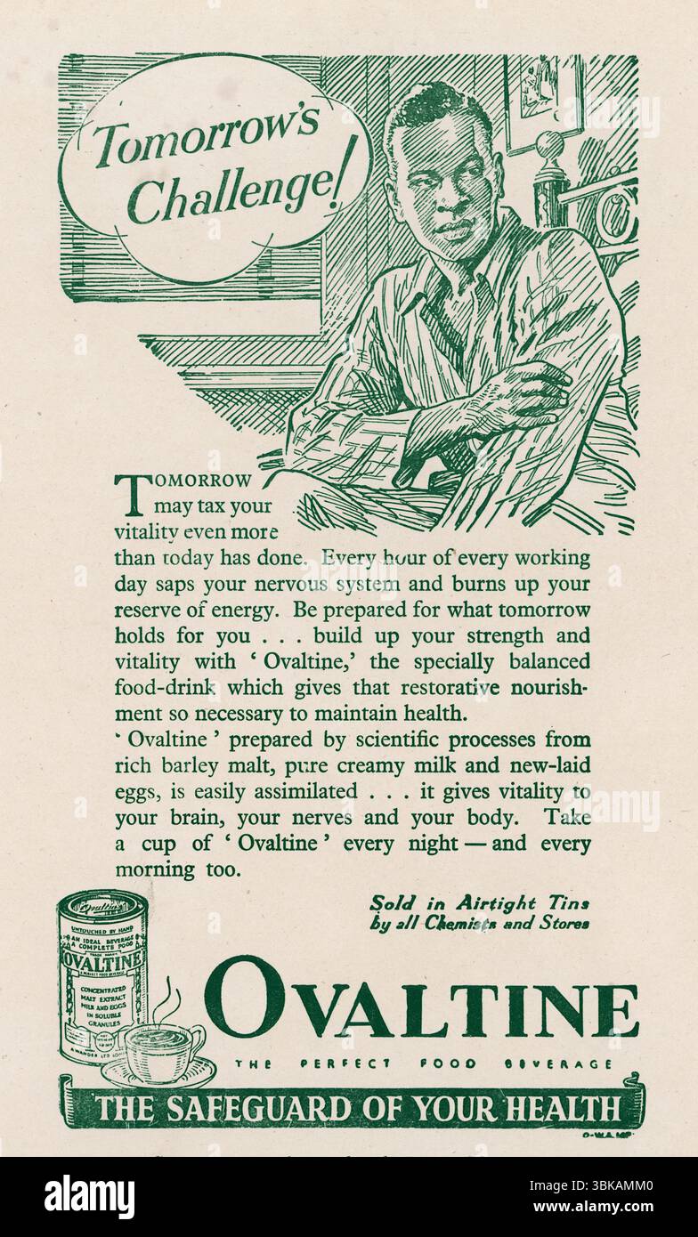 Pubblicità per Ovaltine, apparentemente la “bevanda alimentare perfetta – la salvaguardia della tua salute”. Include un'illustrazione disegnata con linee di un uomo su un letto. Da un esempio stampato pubblicato presso il quartier generale della polizia nigeriana a Lagos, in Nigeria Police Magazine, 1948-1950. Foto Stock