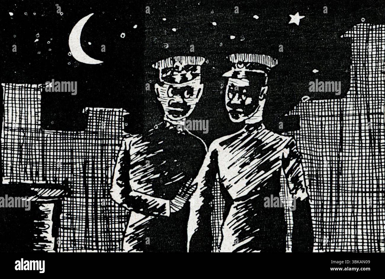 Un'illustrazione in bianco e nero non attribuita che ha accompagnato uno scherzo della polizia nell'edizione di giugno 1950. Da un esempio stampato pubblicato presso il quartier generale della polizia nigeriana a Lagos, in Nigeria Police Magazine, 1948-1950. Foto Stock