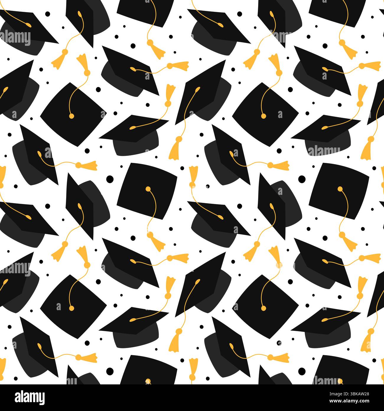 Motivo graduato, sfondo vettoriale senza cuciture. Tappi Grad in aria. Cappelli accademici quadrati, tabelloni. Scuola superiore, college, simboli dei laureati dell'accademia Illustrazione Vettoriale