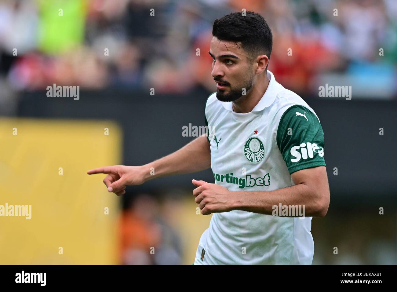 NEW YORK (NY), 06/19/2025 - CLUB WORLD CUP/PALMEIRAS X AL-ALHY(EGY) - Flaco Lopez di Palmeiras, durante la partita tra IL PALMEIRAS X AL-ALHY (EGY), valida per il secondo turno della fase a gironi della Coppa del mondo per club 2025, tenutasi presso il MetLife Stadium, in New Jersey, il giorno 19. (Foto: Eduardo Carmim/Alamy Live News) Foto Stock
