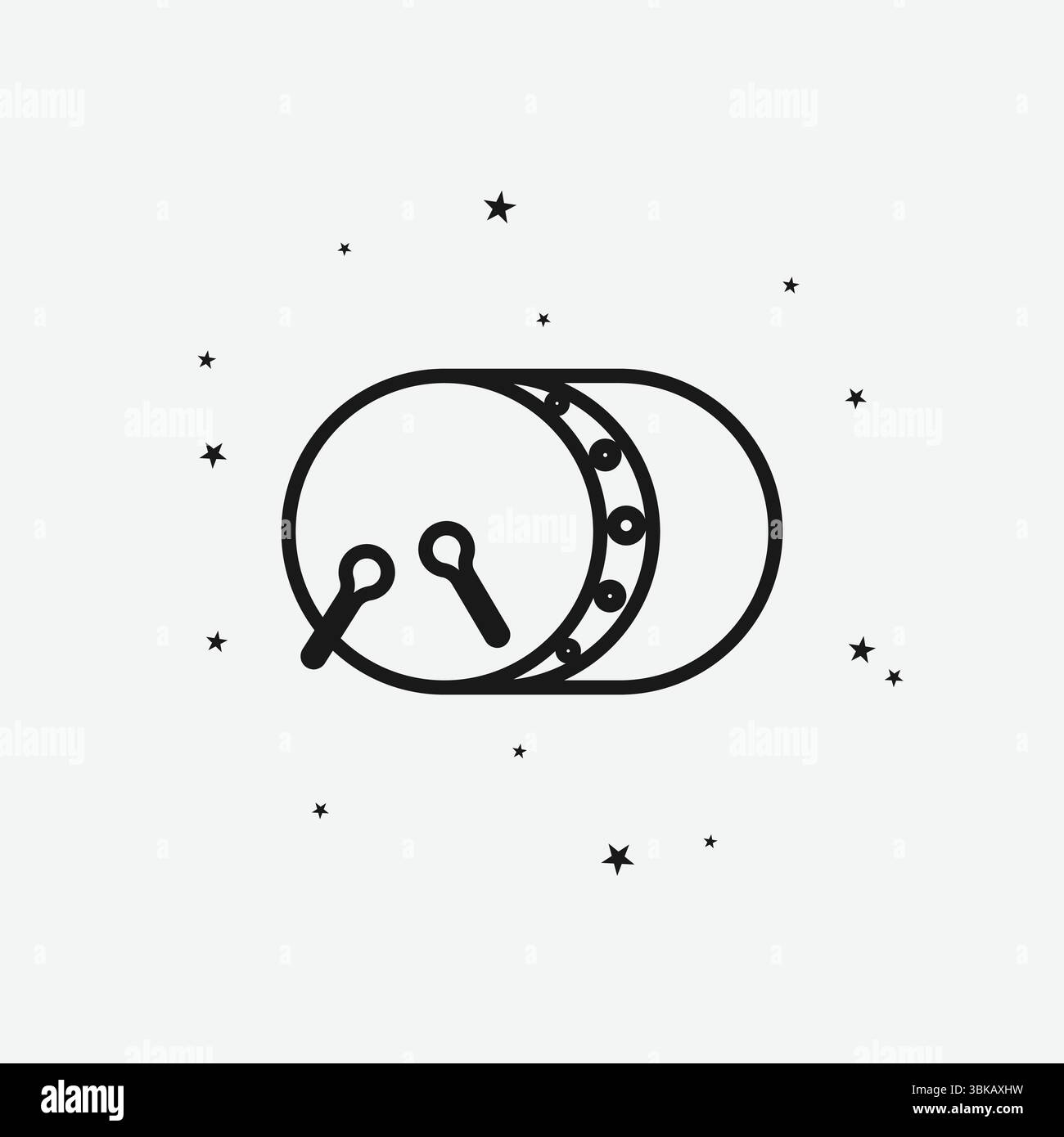 Tamburo con bastoncini e stelle sparse, che rappresentano la musica islamica o la celebrazione, icona White Outline Illustrazione Vettoriale