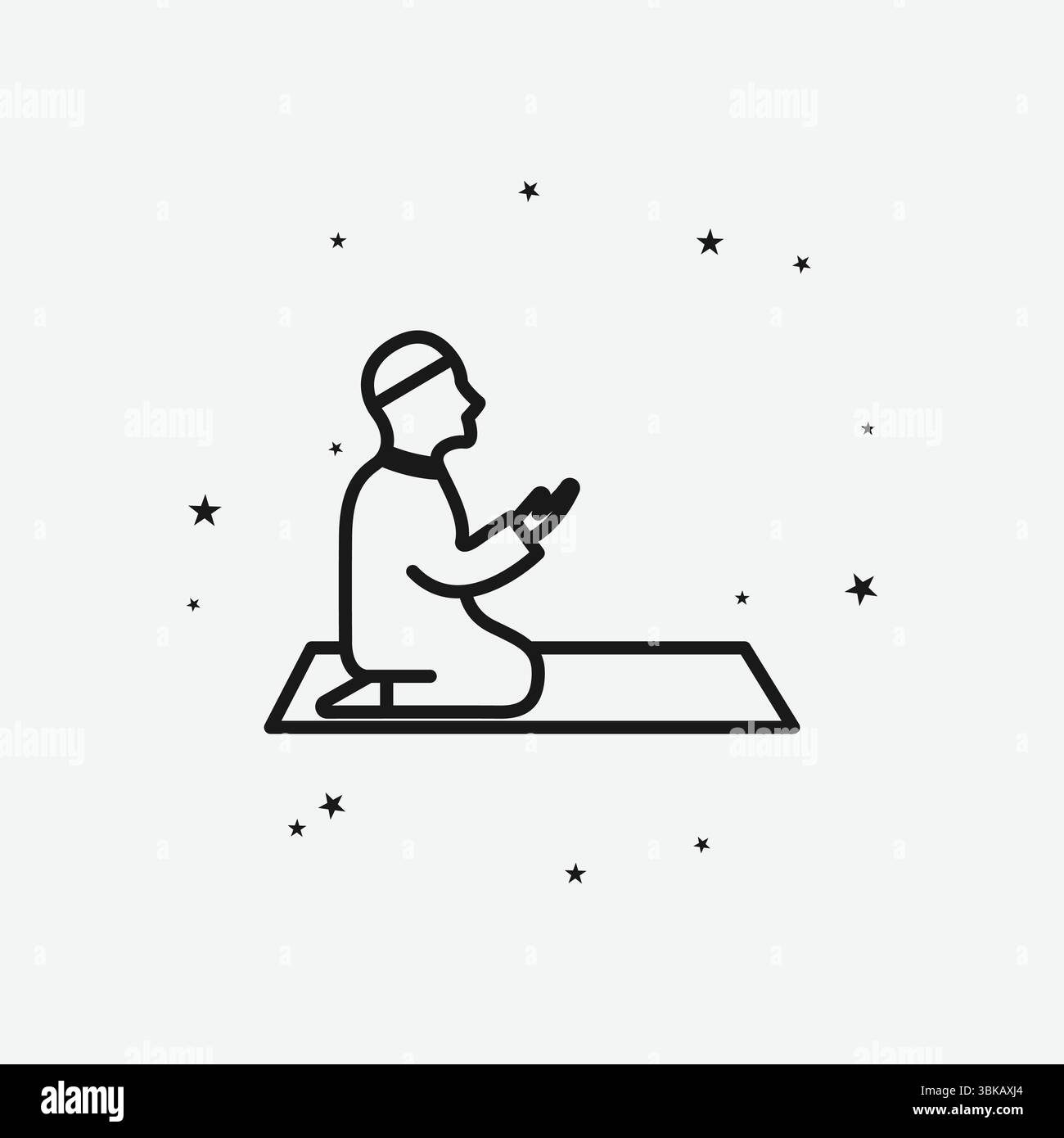 Uomo musulmano che prega su un tappeto con stelle sparse, che rappresenta la preghiera o la devozione islamica, icona contorno bianco Illustrazione Vettoriale