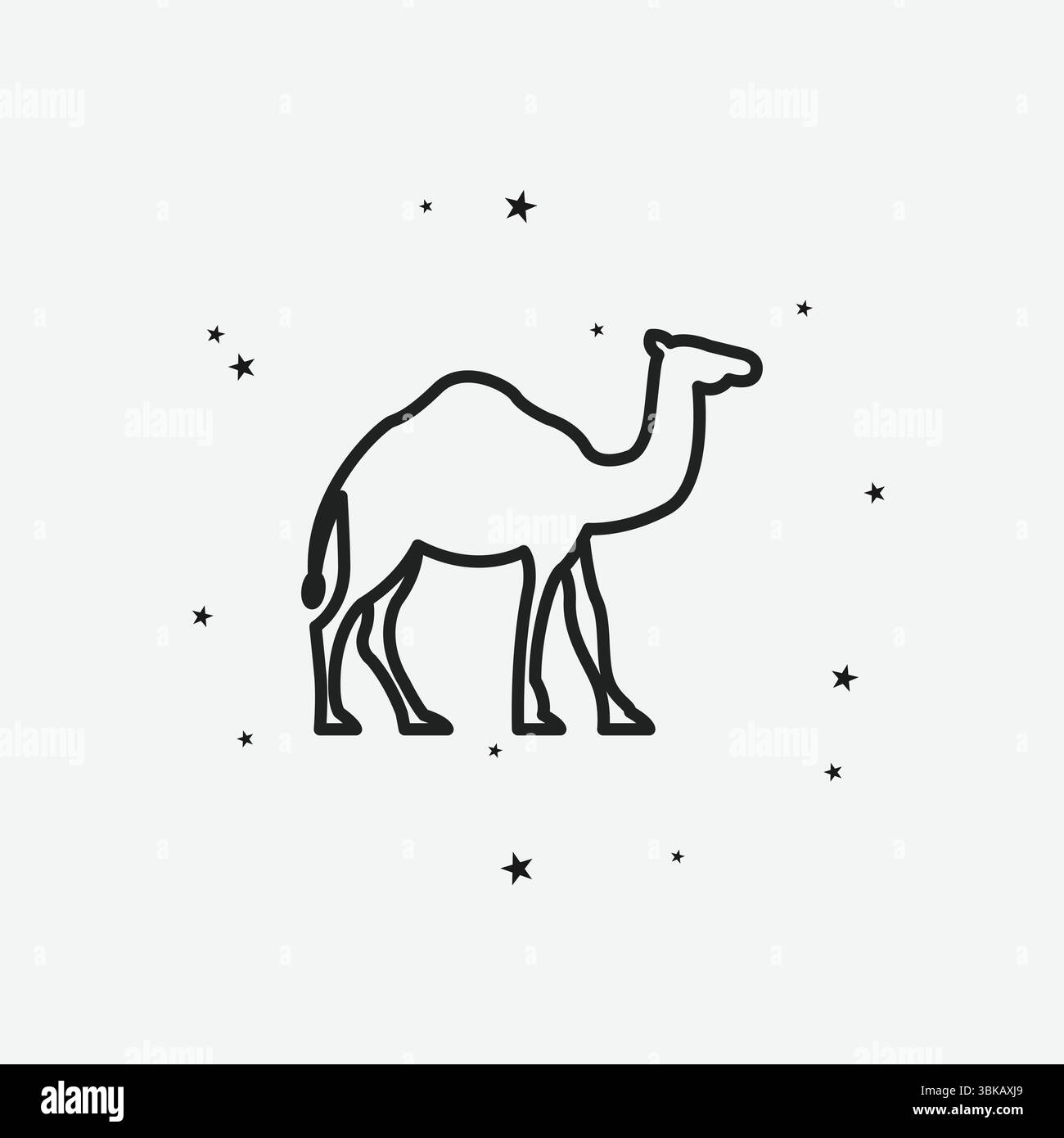 Cammello nel deserto con stelle sparse su sfondo chiaro, che rappresenta viaggi, Medio Oriente o animali, icona contorno bianco Illustrazione Vettoriale
