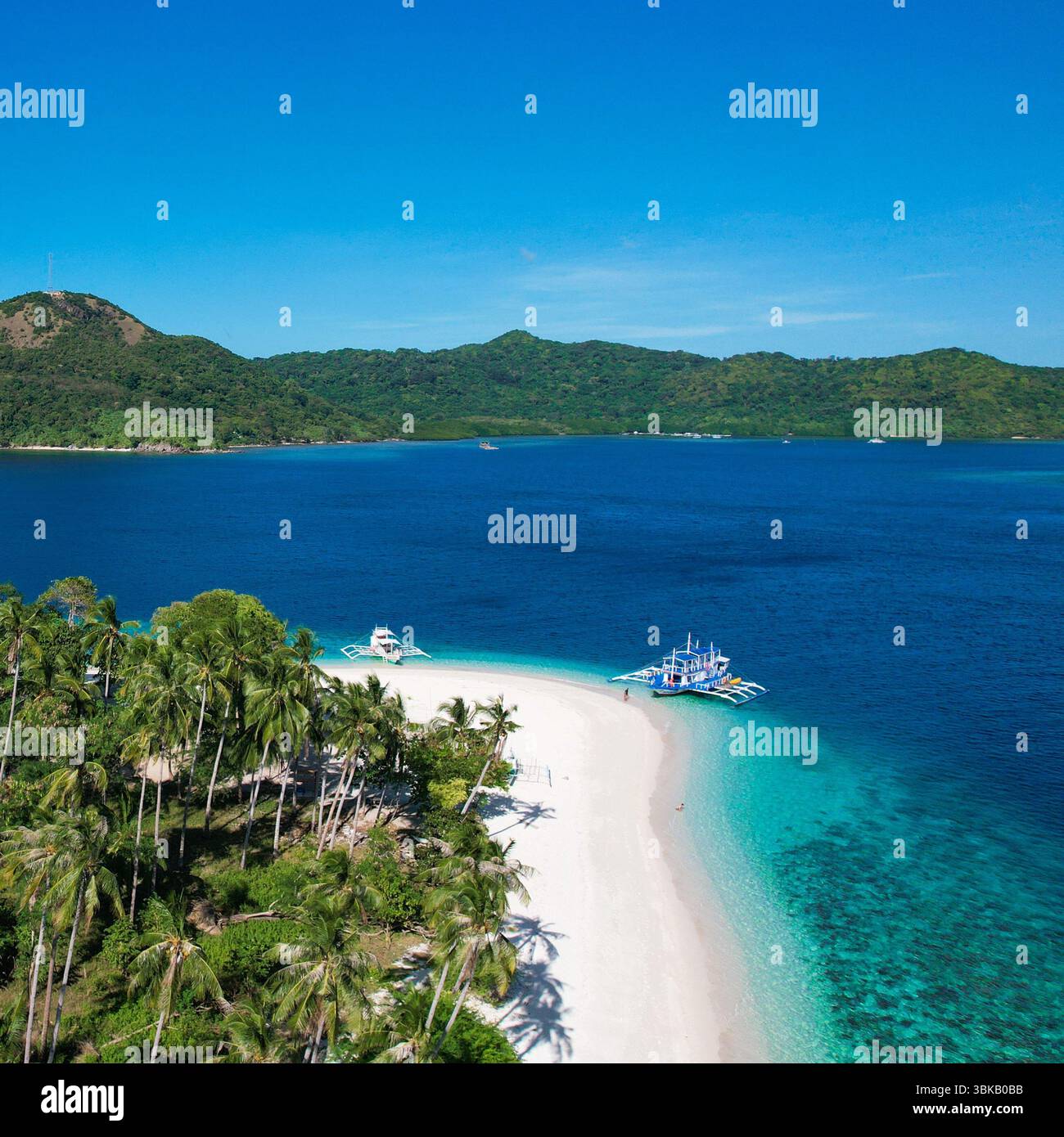 Spiaggia di sabbia rosa, acque turchesi, isola remota - Vista aerea di un'isola vergine a Linapacan, Palawan, con morbida sabbia rosa, acqua cristallina, a. Foto Stock