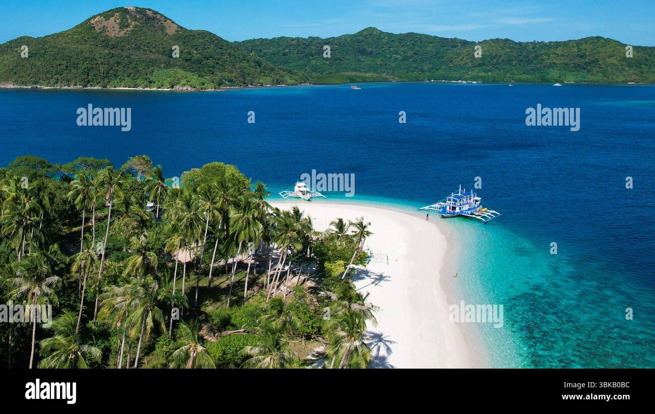 Spiaggia di sabbia rosa, acque turchesi, isola remota - Vista aerea di un'isola vergine a Linapacan, Palawan, con morbida sabbia rosa, acqua cristallina, a. Foto Stock
