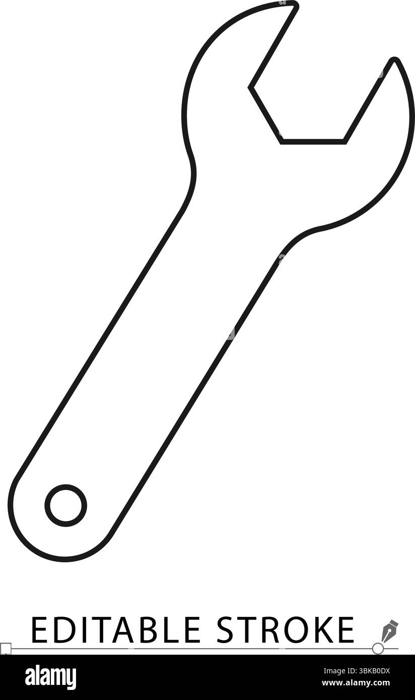 Icona della chiave inglese in stile linea minimale con tratto modificabile. Attrezzo di riparazione, simbolo chiave per assistenza meccanica, manutenzione tecnica, costruzione Illustrazione Vettoriale