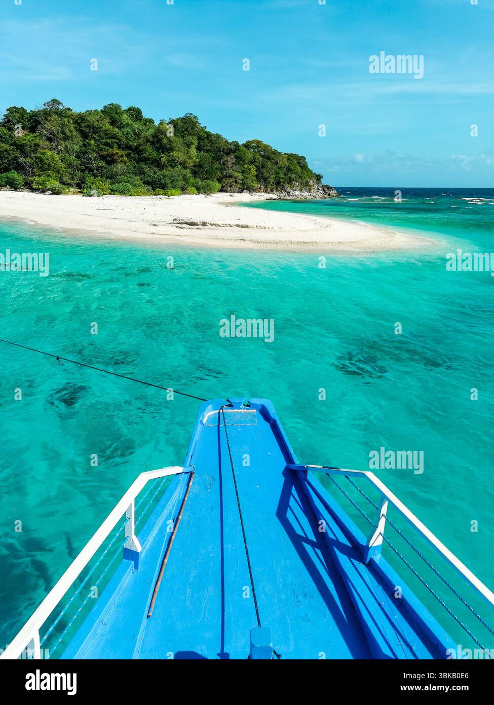Spiaggia di sabbia rosa, acque turchesi, isola remota - Vista aerea di un'isola vergine a Linapacan, Palawan, con morbida sabbia rosa, acqua cristallina, a. Foto Stock