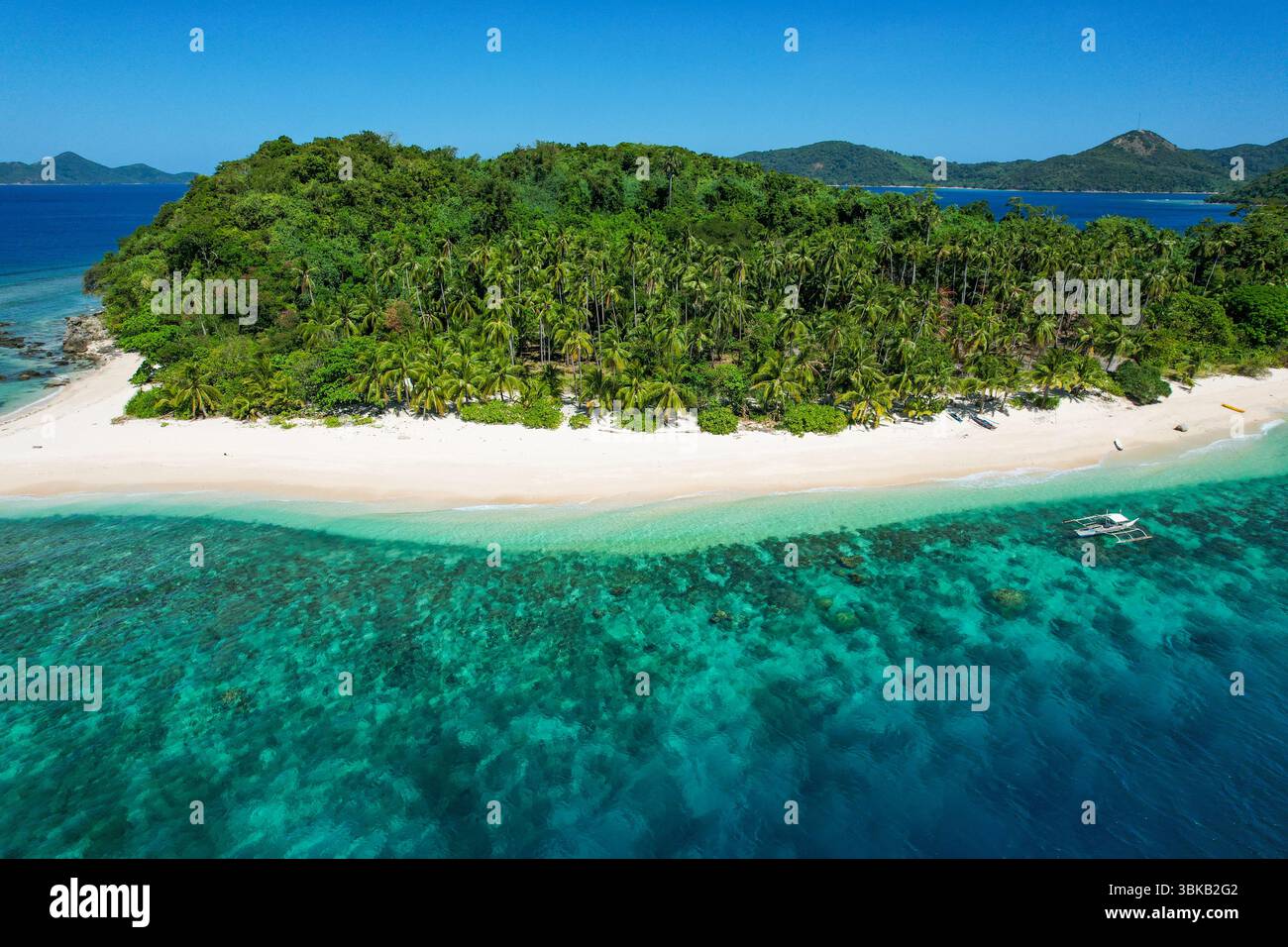 Spiaggia di sabbia rosa, acque turchesi, isola remota - Vista aerea di un'isola vergine a Linapacan, Palawan, con morbida sabbia rosa, acqua cristallina, a. Foto Stock