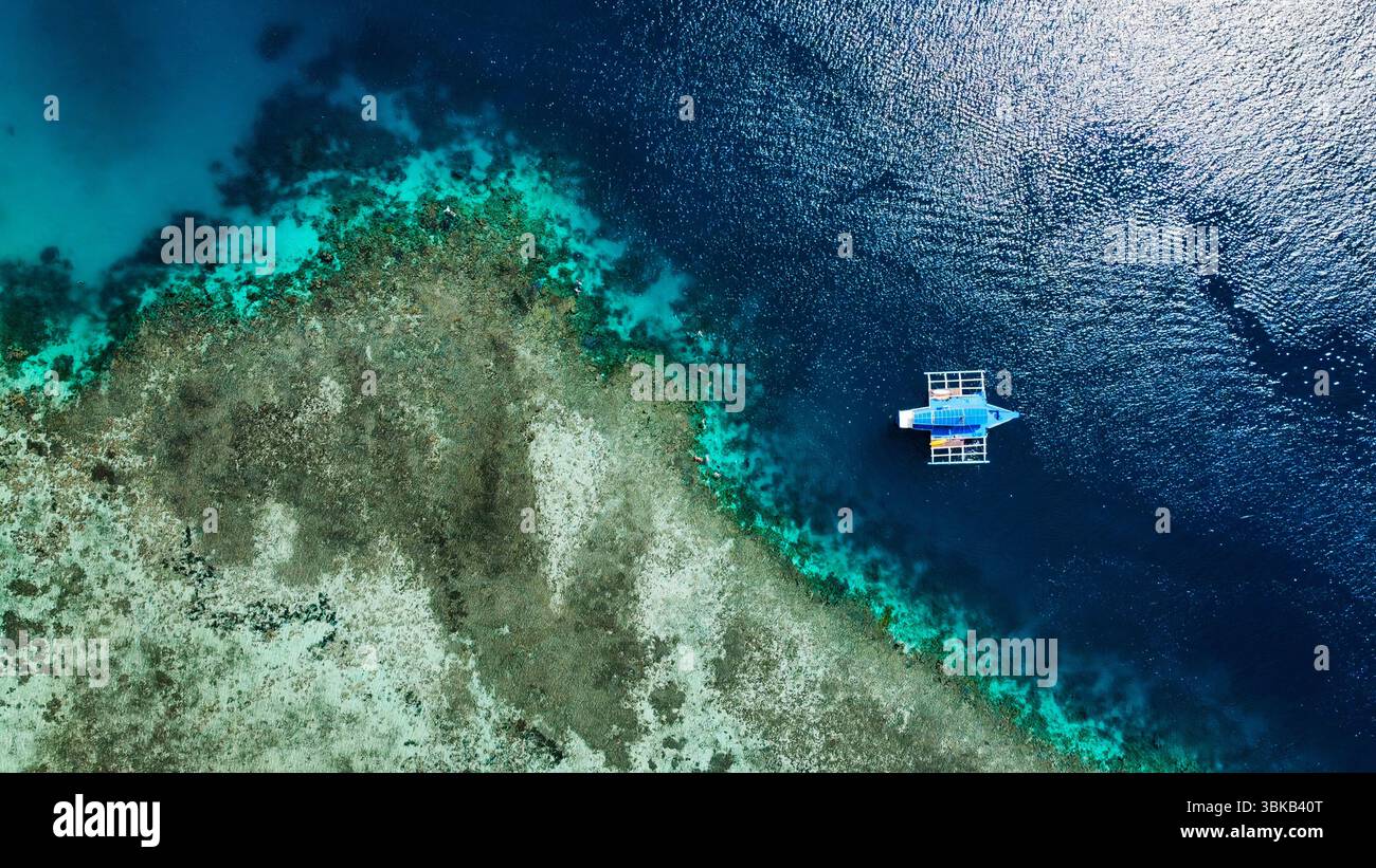Spiaggia di sabbia rosa, acque turchesi, isola remota - Vista aerea di un'isola vergine a Linapacan, Palawan, con morbida sabbia rosa, acqua cristallina, a. Foto Stock
