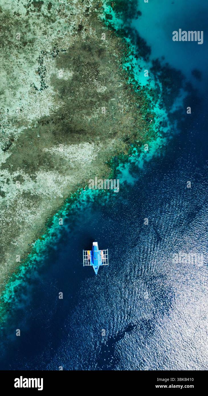 Spiaggia di sabbia rosa, acque turchesi, isola remota - Vista aerea di un'isola vergine a Linapacan, Palawan, con morbida sabbia rosa, acqua cristallina, a. Foto Stock