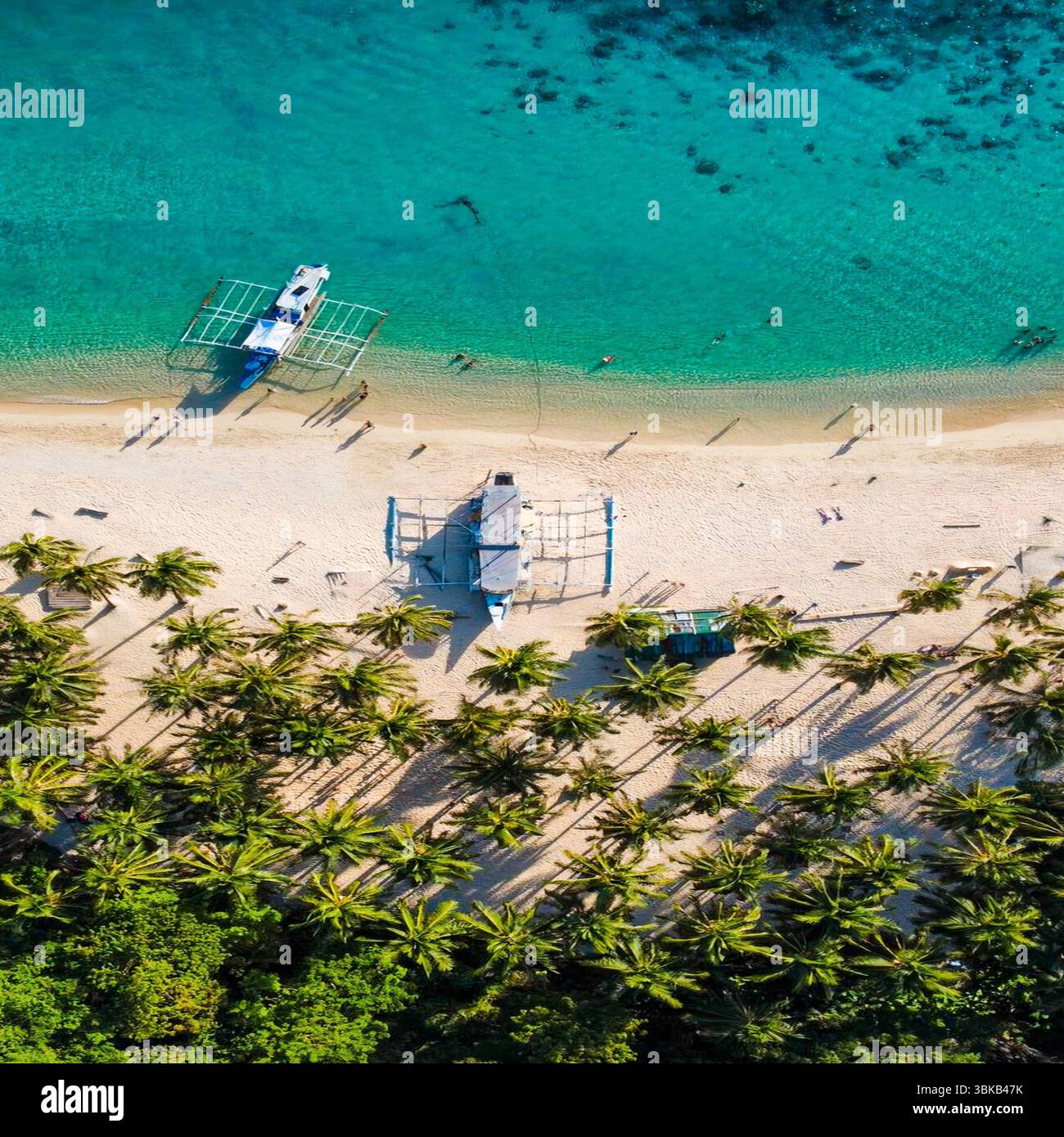 Spiaggia di sabbia rosa, acque turchesi, isola remota - Vista aerea di un'isola vergine a Linapacan, Palawan, con morbida sabbia rosa, acqua cristallina, a. Foto Stock