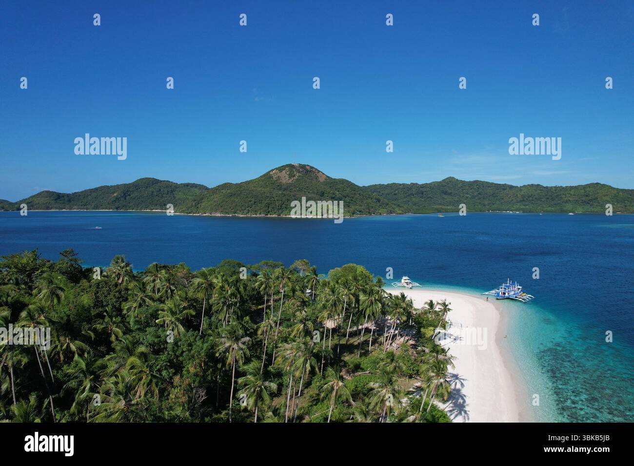 Spiaggia di sabbia rosa, acque turchesi, isola remota - Vista aerea di un'isola vergine a Linapacan, Palawan, con morbida sabbia rosa, acqua cristallina, a. Foto Stock