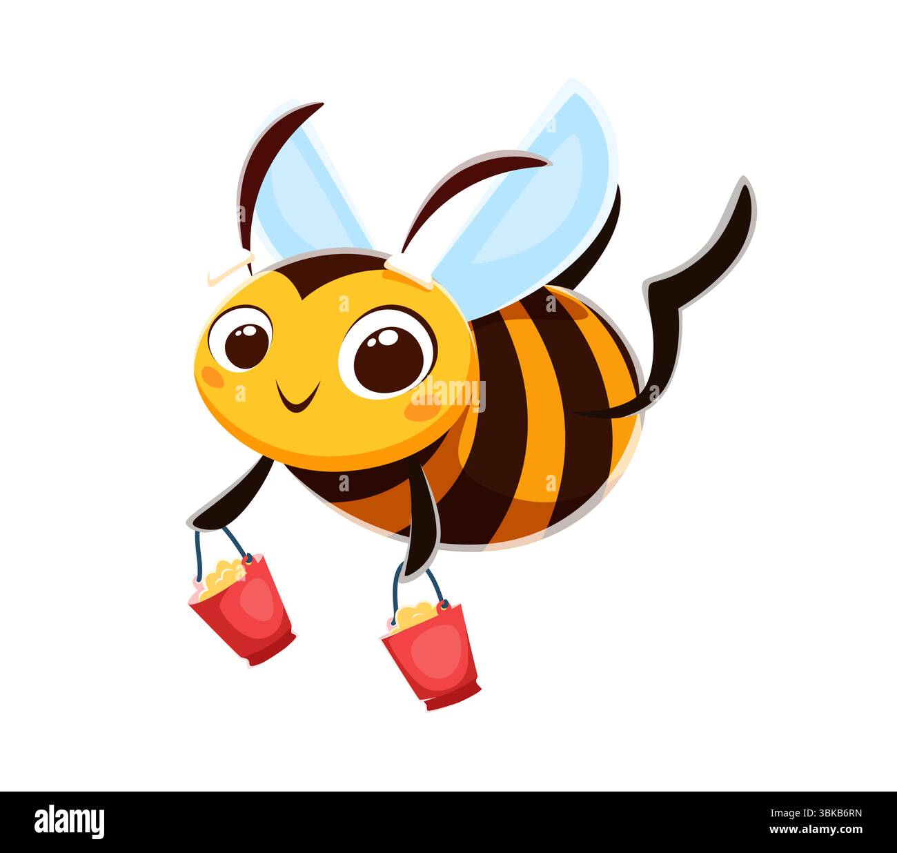 Personaggio dei cartoni animati delle api del miele con faccia divertente e secchi con miele o polline, api vettoriali. Simpatica ape con faccia felice e sorriso che trasportano secchi di miele, insetto bumblebee per bambini Illustrazione Vettoriale
