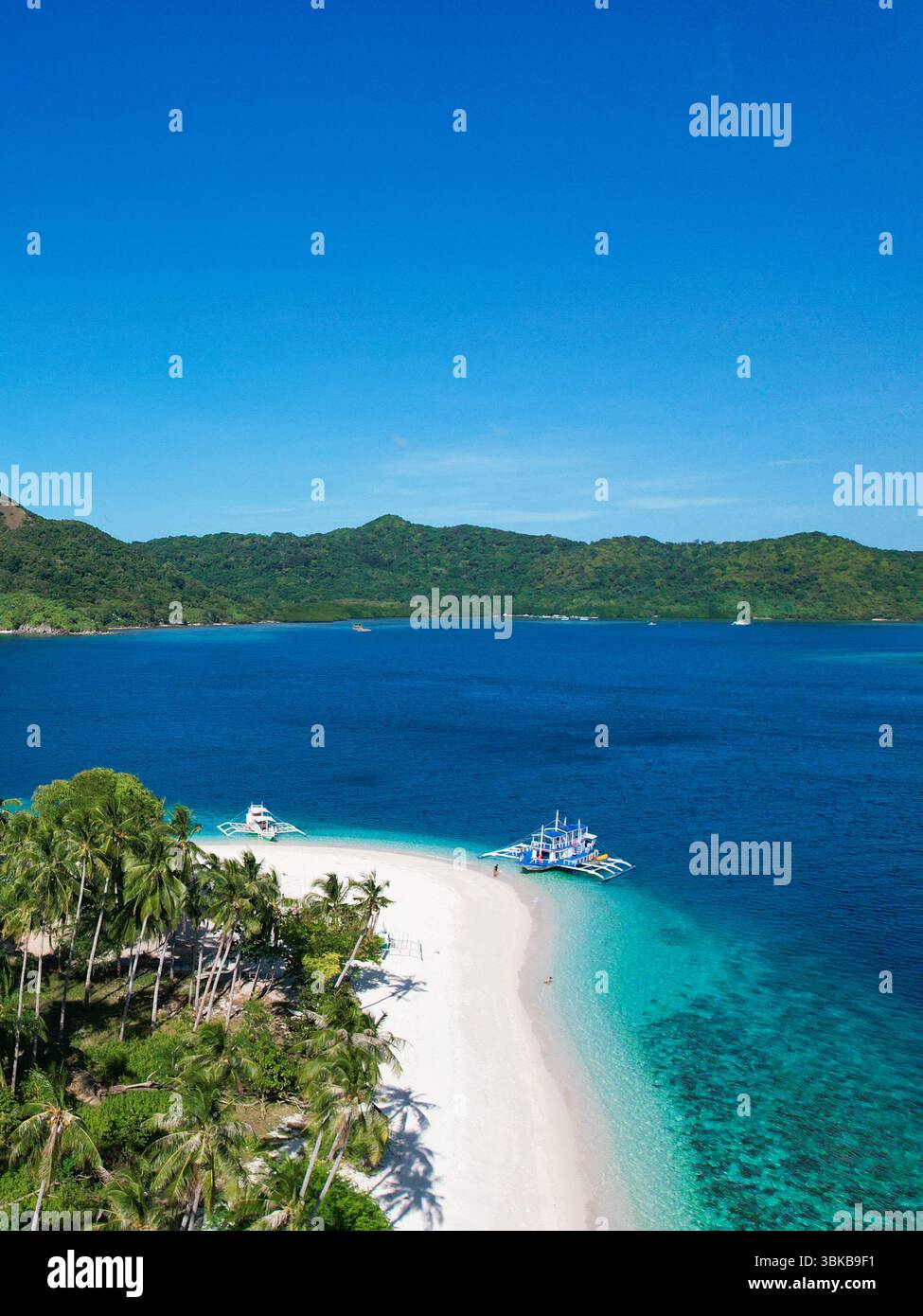 Spiaggia di sabbia rosa, acque turchesi, isola remota - Vista aerea di un'isola vergine a Linapacan, Palawan, con morbida sabbia rosa, acqua cristallina, a. Foto Stock
