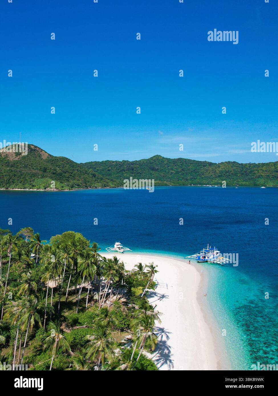 Spiaggia di sabbia rosa, acque turchesi, isola remota - Vista aerea di un'isola vergine a Linapacan, Palawan, con morbida sabbia rosa, acqua cristallina, a. Foto Stock