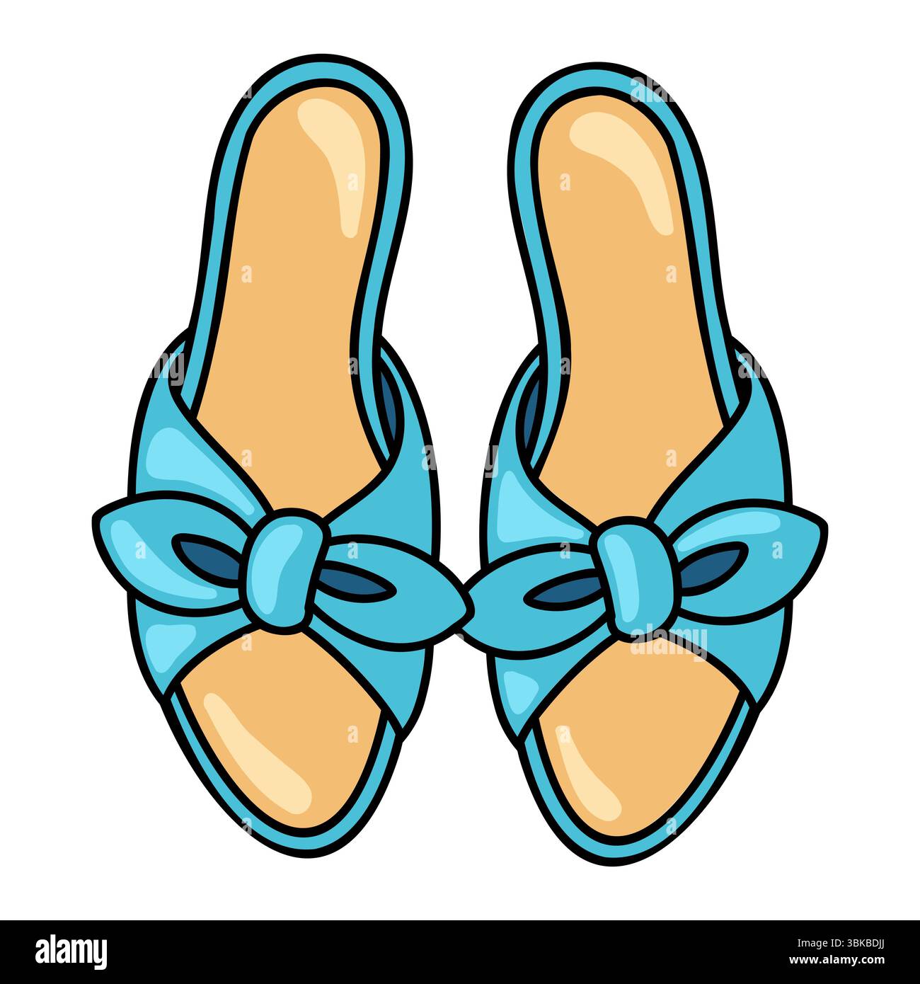 Pantofole con fiocco blu. Sandali estivi slip-on con fiocchi. Eleganti muli piatti a punta aperta. Scarpe da spiaggia casual in stile cartoni animati Illustrazione Vettoriale