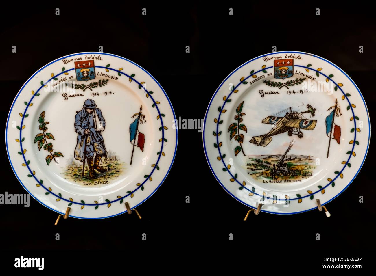 Due piattini di porcellana patriottici della Prima Guerra Mondiale sono appoggiati su supporti per piatti al Musée National Adrien Dubouché in Place Winston Churchill a Limoges, Haute-Vienne, Nouvelle-Aquitaine, Francia. Il piatto a sinistra è intitolato "Un Blessé". In inglese: "A Wounded Man". Mostra un soldato in uniforme blu orizzonte e casco d'acciaio con un braccio in una fascia, appoggiato a un bastone. Il piatto a destra, intitolato "La Guerre aérienne", mostra un biplano con coccarde francesi sopra un cannone antiaereo. In inglese: "The Air War". Entrambi i piatti portano le iscrizioni "Pour nos Soldats", "Journées du Limousin" Foto Stock