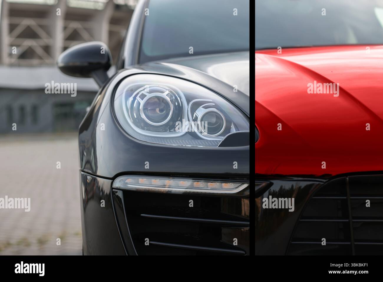 Moderno nero automatico prima e rosso dopo aver dipinto all'aperto, primo piano. Collage comparativo di riverniciatura auto Foto Stock