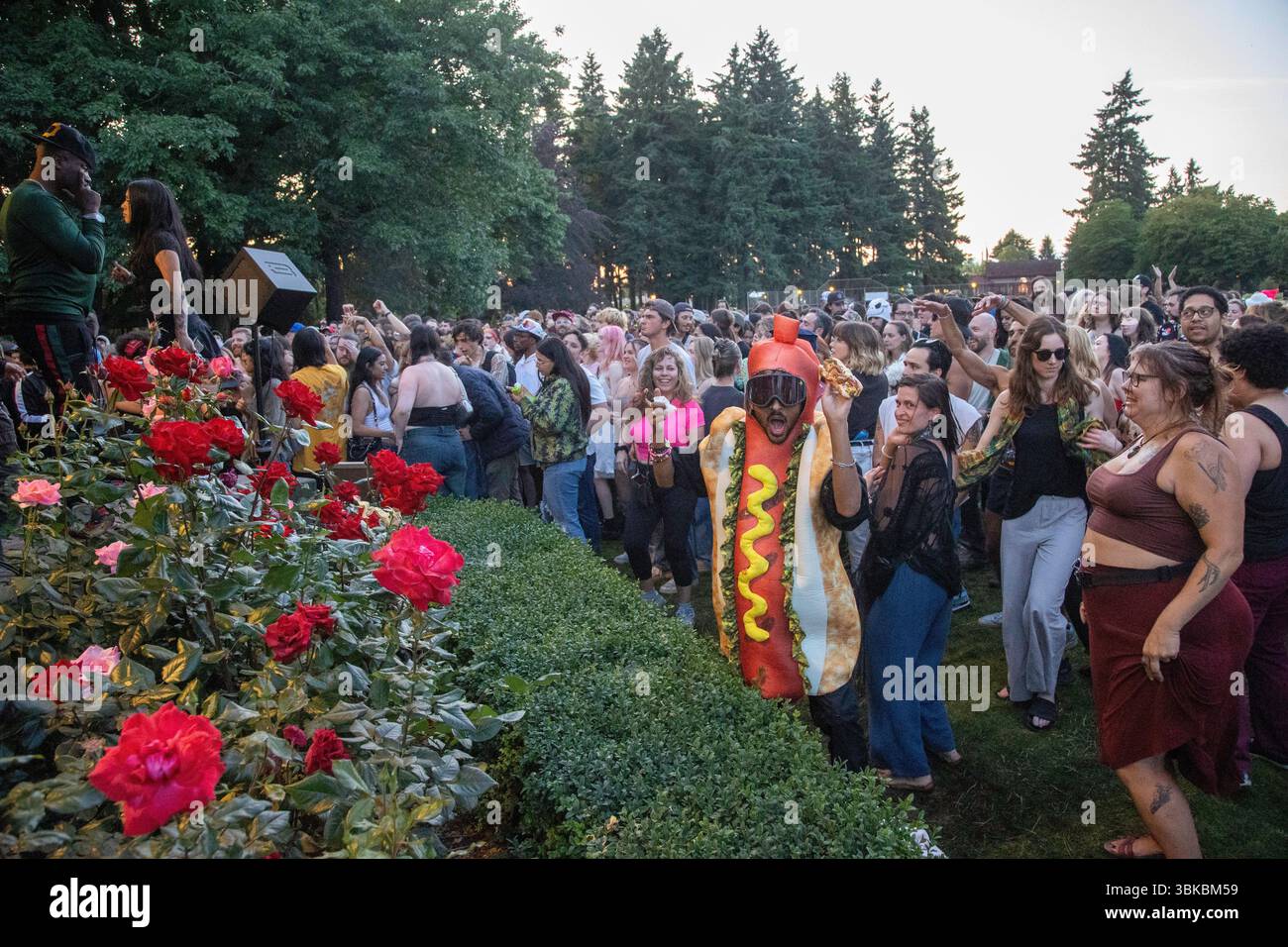 18 GIUGNO 2025 - PORTLAND, OR: Un evento di danza della comunità gratuita, il Mount Tabor Dance Party, si tiene al Peninsula Park con grandi gruppi di persone che si godono la serata. Foto Stock
