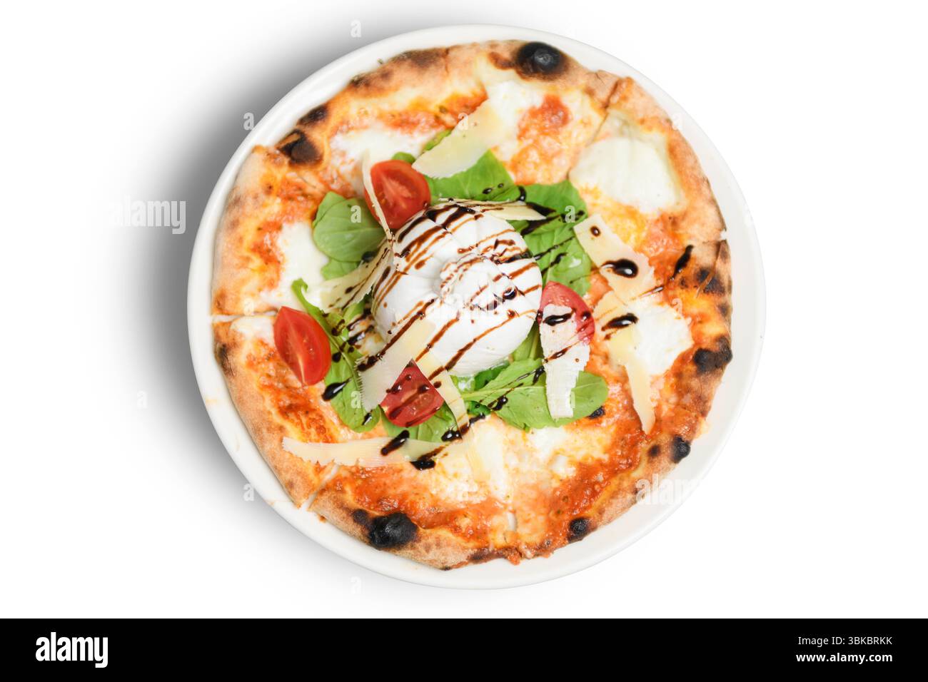 Gustosa pizza condita con mozzarella fusa catturata in un bel colpo dall'alto, perfetto per gli amanti del cibo. Foto Stock